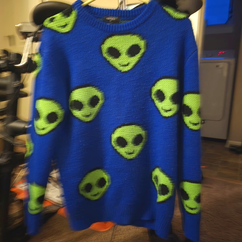 Topman Blue Crewneck Sweater with Alien Pattern